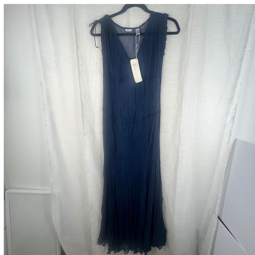 Kleen NWT 100% Silk Crinkle Maxi Dress Sleeveless V-Neck Sheer. Navy Blue.  Med
